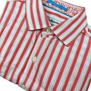 Tommy Bahama Cotton Silk Blend Key Largo Button Up Shirt Pink White Stripe SMALL
